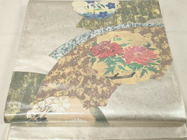 平和屋着物▼太鼓柄袋帯　地紙重ね花文　螺鈿箔　正絹　逸品　CAAX0458yk