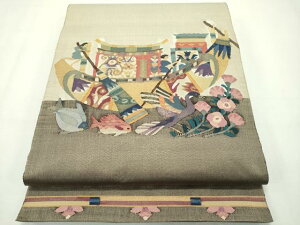 平和屋本店■極上 手織綴れ 山鹿清華 太鼓柄袋帯 埃及人物華鳥 金糸 逸品 CZAA2158s5