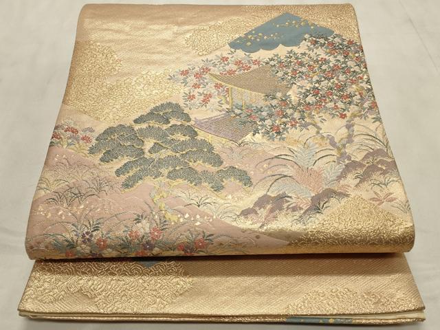平和屋着物◎六通柄袋帯 風景花文 金糸 正絹 逸品 CABD2240qe