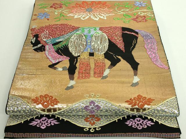 平和屋本店■最高級　龍村平蔵製　太鼓柄　本袋帯　天笠装駒錦　黒地　金銀糸　逸品　DZAA9330kh5