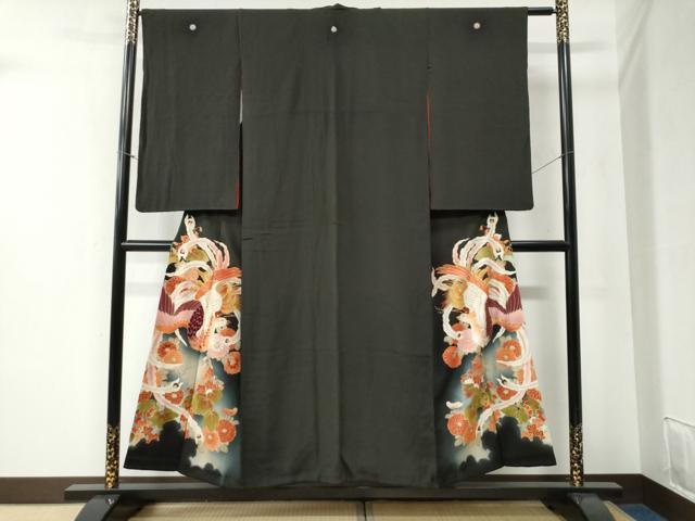 平和屋着物●アンティーク　大正ロマン　黒留袖　駒刺繍　鳳凰草花文　暈し染め　金彩　正絹　逸品　CABB4535yc