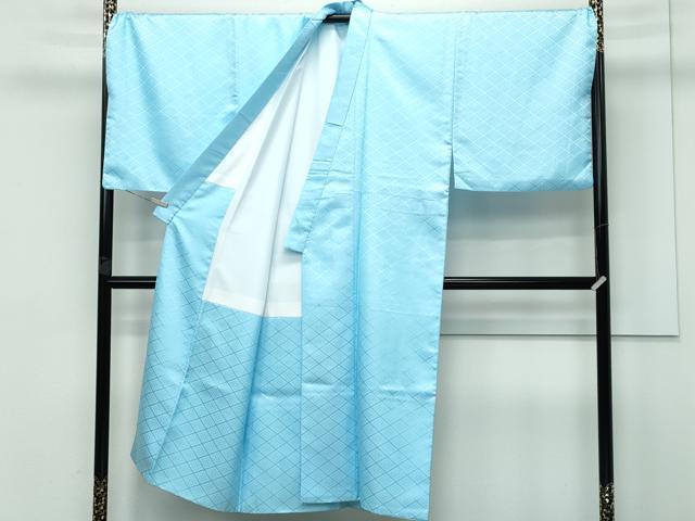 平和屋着物■極上　男性　色無地　紋付き羽織セット　キングサイズ　水色地　花菱地紋　舞台衣装　洗える着物　逸品　CZAA3648s5