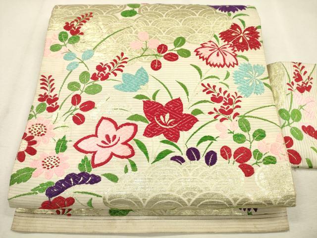 平和屋着物＊夏物　アンティーク　大正ロマン　九寸名古屋帯　唐織　雲取り青海波草花文　金糸　正絹　逸品　CAAS3485eg