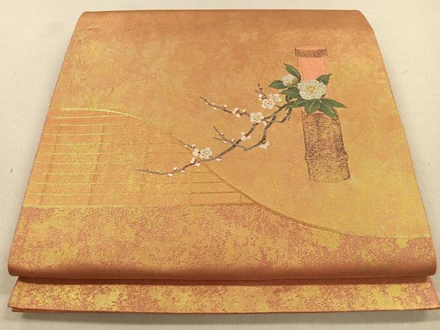 平和屋着物◎太鼓柄袋帯　枝花文　椿　金銀糸　引箔　正絹　逸品　CAAS7609ua