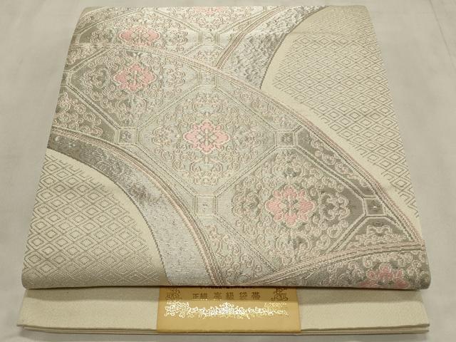 平和屋着物◎六通柄袋帯 唐織 吉祥花文 銀糸 正絹 逸品 CABD2242qe