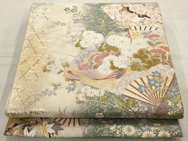 平和屋着物▼六通柄袋帯　扇面草花文　金銀糸　正絹　逸品　AABC6691wj