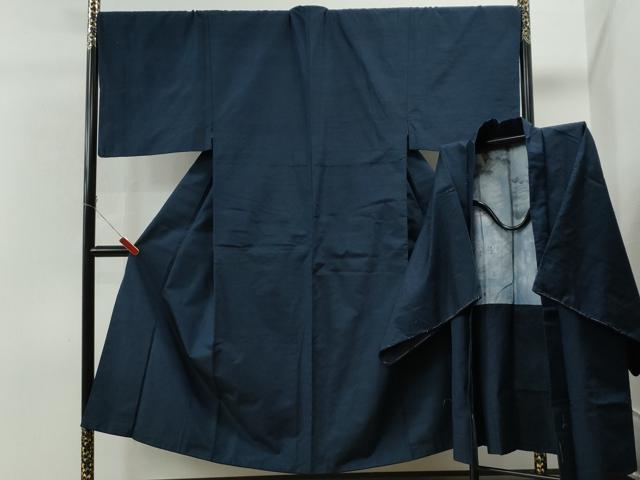 平和屋着物■男性 紬・髭紬羽織セット 色無地 留紺色 キングサイズ 正絹 逸品 CAAR3147yc