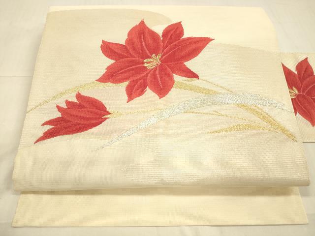 平和屋着物＊夏物　八寸名古屋帯　草花文　金銀糸　正絹　逸品　DAAV3525cm