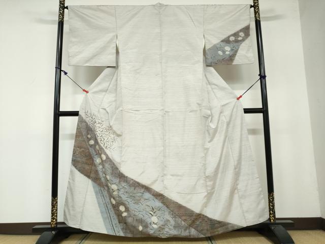 Full-Length Under-Kimono - 平和屋着物●訪問着　紬地　絞り　秋草文　正絹　逸品　DAAY5166ud