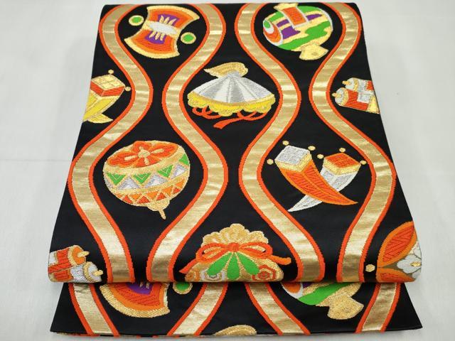 平和屋着物[]女の子　子供　全通柄袋帯　立涌宝尽くし文　黒地　金銀糸　逸品　DABE7336ma