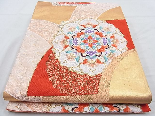 平和屋着物◎西陣　六通柄袋帯　唐織　扇華孔雀文　金糸　逸品　BAAJ9790cm