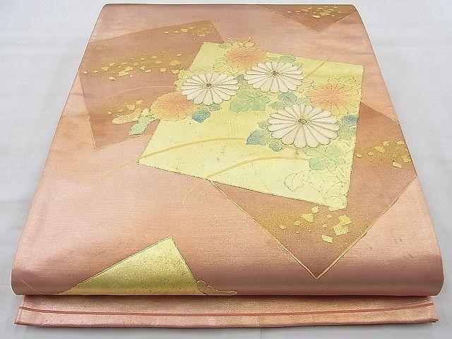 平和屋着物◎太鼓柄袋帯　駒刺繍　破れ色紙秋草文　金彩　逸品　未使用　BAAJ9777cm