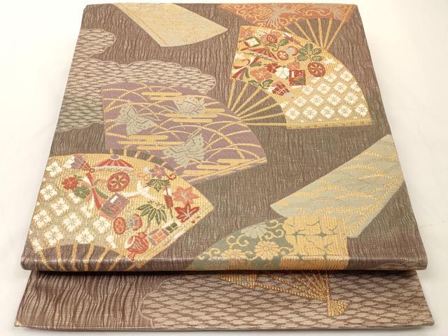 平和屋着物◎六通柄袋帯　扇面吉祥花鳥文　金銀糸　正絹　逸品　AAAM5239ey