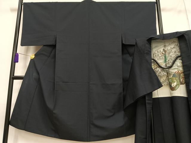 平和屋着物■男性　紬　アンサンブル　色無地　藍鉄色　正絹　逸品　AABD5942oa