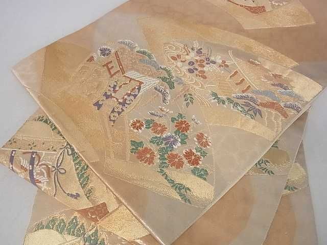 平和屋着物■六通柄袋帯　唐織　地紙御所車風景花文　金糸　逸品　ar5386