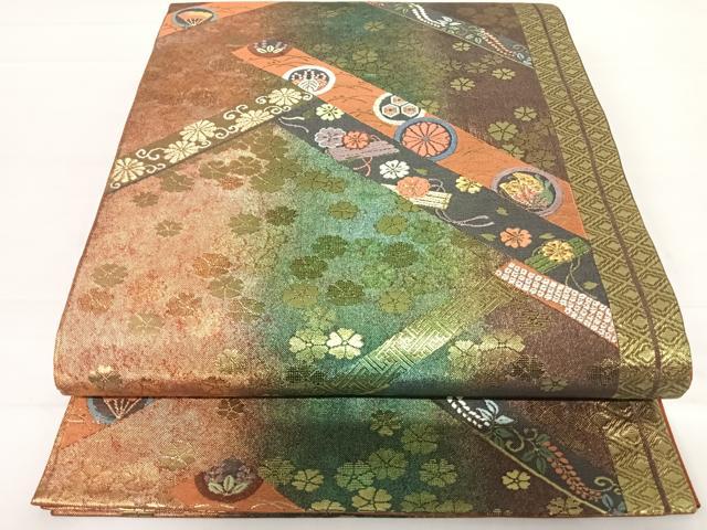 平和屋着物◎全通柄袋帯　唐織　吉祥花蝶文　金糸　正絹　逸品　AABC4655yx
