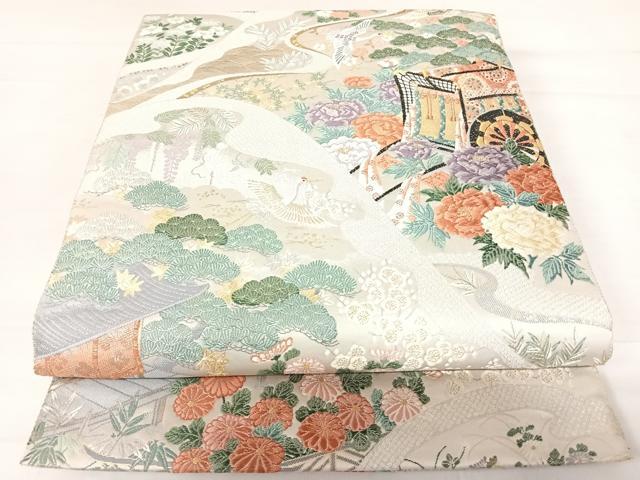平和屋着物◎六通柄袋帯　唐織　飛鶴風景花文　金糸　正絹　逸品　AABC4662yx