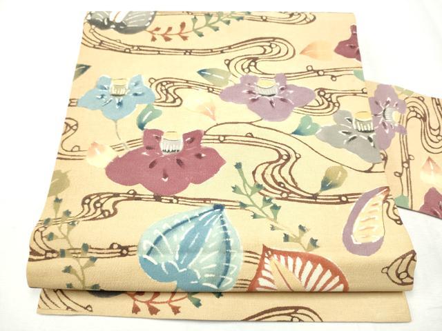 平和屋着物●九寸名古屋帯 紅型 流水花文 正絹 逸品 CABB9386hy