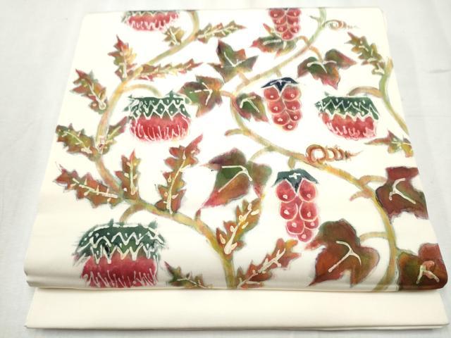 平和屋着物●塩瀬　九寸開き名古屋帯　作家物　ろうけつ染　葡萄蔦の葉文　正絹　逸品　CABB9409hy