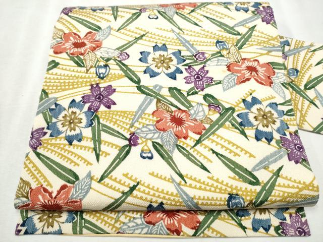 平和屋着物●全通柄　九寸名古屋帯　型染め　草花文　鬼しぼ縮緬　正絹　逸品　CABB9410hy