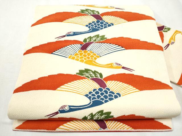 平和屋着物●全通柄　九寸名古屋帯　型染め　飛鶴文　鬼しぼ縮緬　正絹　逸品　CABB9412hy