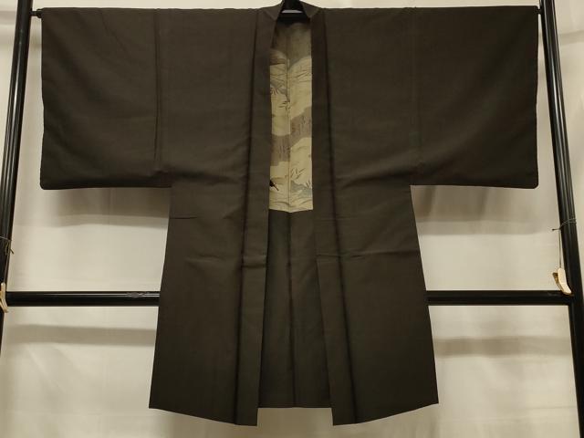 平和屋着物＃男性　長羽織　紬地　霞文　涅色　正絹　逸品　CABE5314in