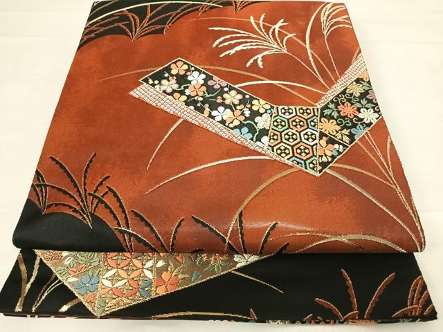 平和屋着物◎六通柄袋帯　瑞花文取秋野文　黒地　金糸　正絹　逸品　AABC4680yx