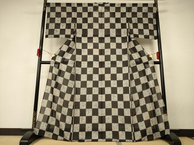 平和屋着物＊夏物 小紋 市松花鳥紋紗 正絹 逸品 AABF6849jd
