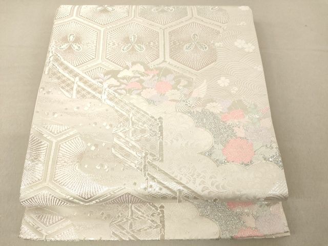 Rakuten - 平和屋着物◎六通柄袋帯　唐織　渡橋草花菱文　銀糸　正絹　逸品　AAAI7566Bfw