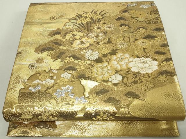 平和屋着物◎佐賀錦　両面　六通柄袋帯　雪輪草花文　金銀糸　正絹　逸品　DAAY7643sf