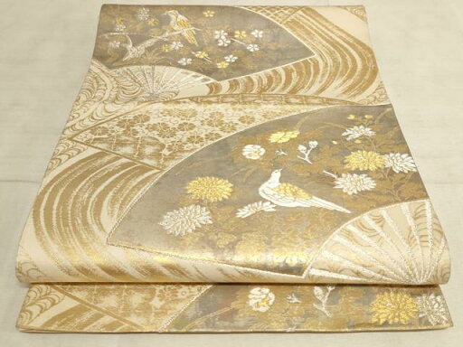 平和屋着物◎六通柄袋帯 流水扇面花鳥文 金銀糸 引箔 正絹 逸品 AAAL7120pf 平和屋着物◎六通柄袋帯 流水扇面花鳥文 金銀糸 引箔 正絹 逸品 AAAL7120pf