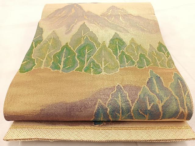 平和屋着物◎佐賀錦　六通柄袋帯　遠山樹林文　金糸　正絹　逸品　BAAV6418yc