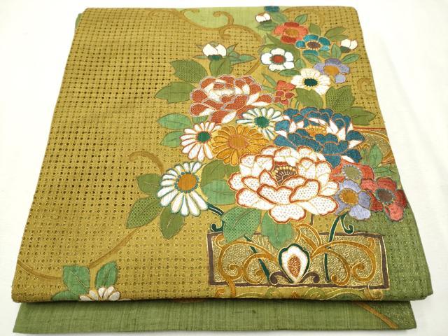 平和屋着物●中国三大刺繍　スワトウ・相良刺繍　太鼓柄袋帯　紬地　花唐草文　金糸　正絹　逸品　CAAU9492hy