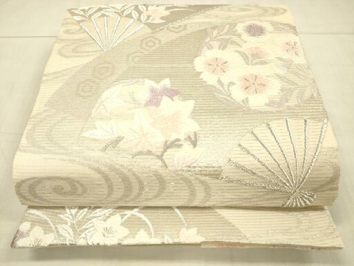 平和屋着物*夏物 六通柄袋帯 唐織 舞扇草花文 銀糸 正絹 逸品 DAAV3836cm 平和屋着物*夏物 六通柄袋帯 唐織 舞扇草花文 銀糸 正絹 逸品 DAAV3836cm