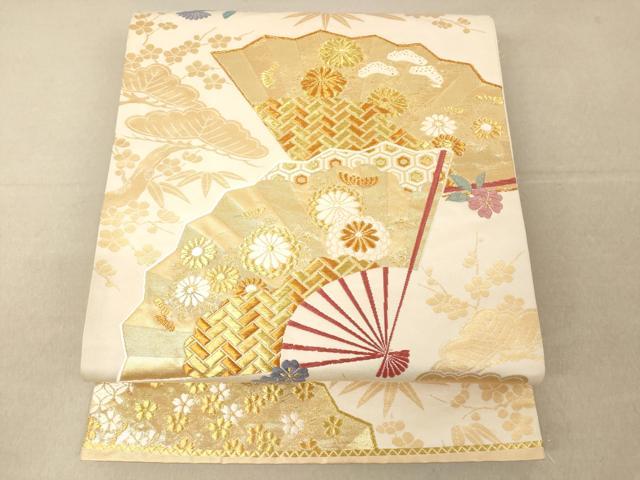 平和屋着物◎六通柄袋帯　唐織　扇子吉祥花文　金糸　正絹　逸品　AAAM5084fw