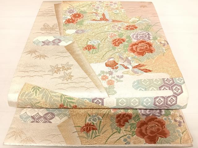 平和屋着物◎六通柄袋帯　唐織　色紙花鳥文　金銀糸　正絹　逸品　AABC4701yx