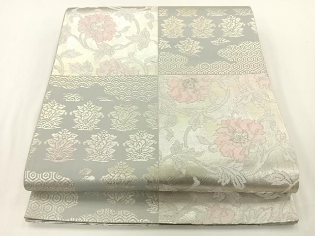 平和屋着物◎六通柄袋帯　市松草花文　金糸　引箔　正絹　逸品　AAAP5722wt