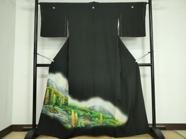 平和屋着物■豪華黒留袖 手描き 樹林風景文 暈し染め 正絹 逸品 DAAO3593ob