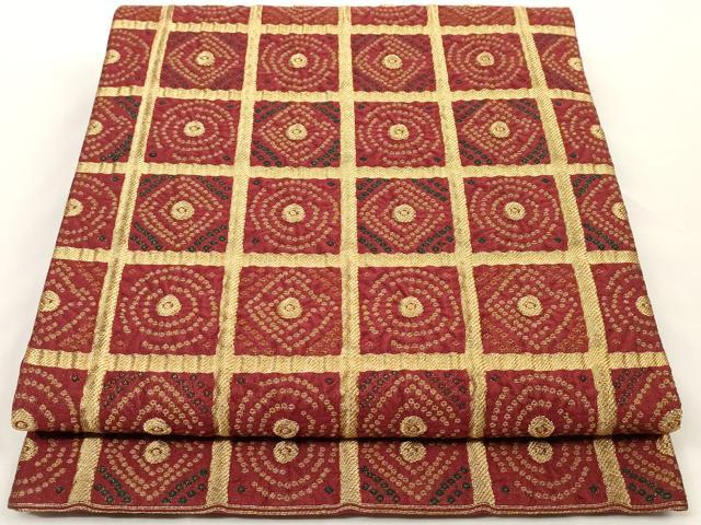 平和屋着物◎六通柄袋帯　幾何学格子　金糸　正絹　逸品　AAAM5226ey