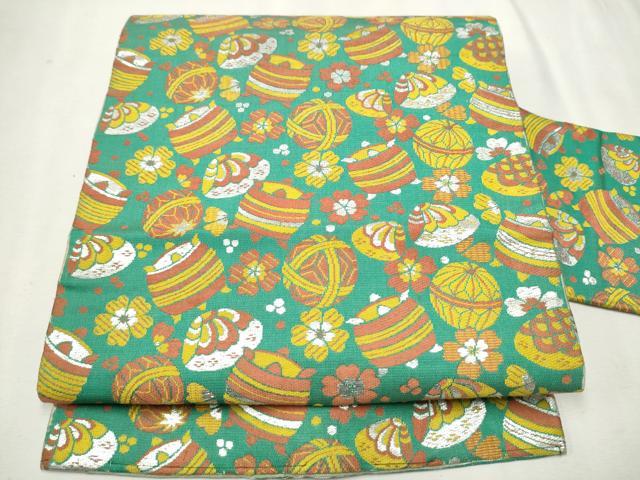 平和屋着物●アンティーク　大正ロマン　九寸名古屋帯　唐織　糸巻き　花毬文　銀糸　正絹　逸品　CAAU9509hy