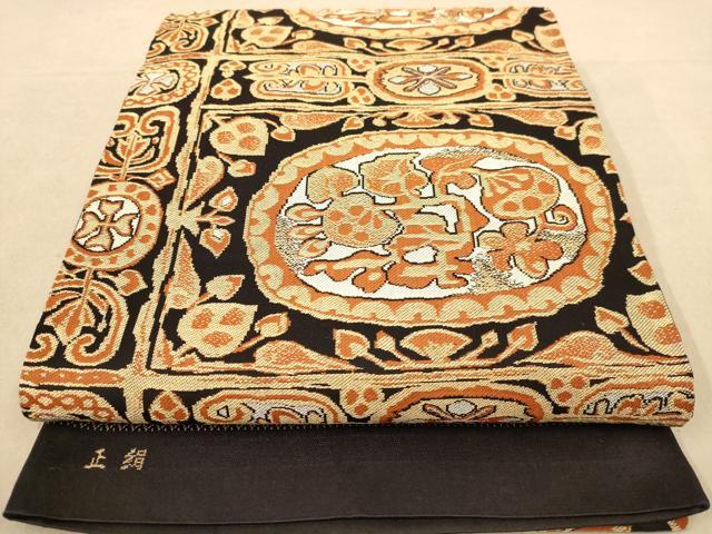 Rakuten - 平和屋着物◎全通柄袋帯　幾何学花文　黒地　金糸　正絹　逸品　AAAZ8642dt