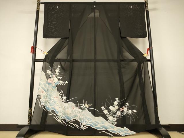 Kimono - 平和屋着物＊夏物　黒留袖　絽　刺繍　立波草花文　銀彩　正絹　逸品　AABD3317jd