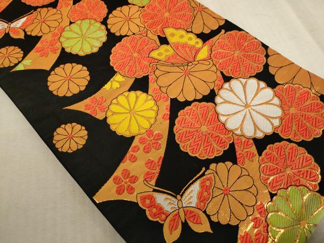 平和屋の平和屋着物∵子供　全通柄袋帯　唐織　花蝶文　黒地　金糸　AABE2171ja｜アングル2