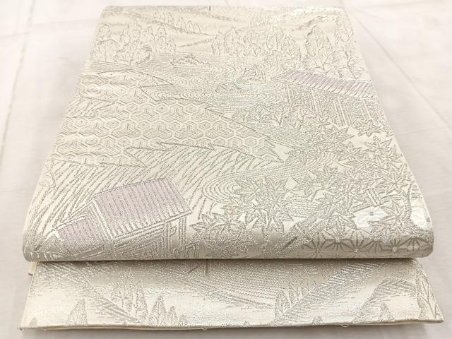 平和屋着物◎六通柄袋帯　唐織　流水風景文　銀糸　正絹　逸品　BAAV6429yc