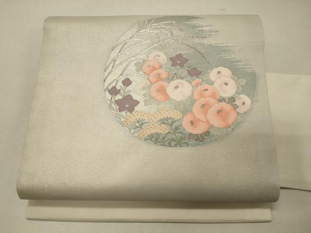 平和屋着物＊夏物　九寸名古屋帯　草花丸文　銀糸　正絹　逸品　CAAW8857oy