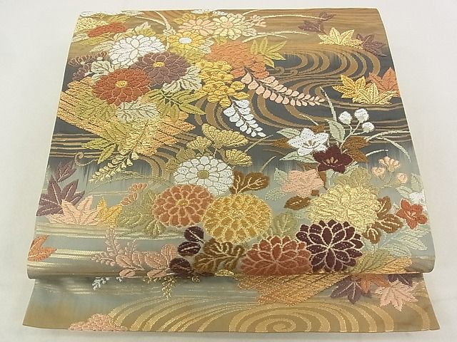 平和屋着物◎六通柄袋帯　唐織　流水花文　金糸　逸品　DAAB1915jm