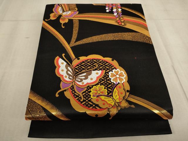 平和屋着物∵子供 全通柄袋帯 唐織 雪輪花蝶文 黒地 金糸 逸品 AABE2173ja