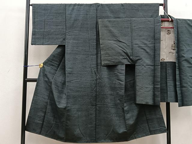 平和屋着物■男性 紬 アンサンブル 色無地 黒緑色 正絹 逸品 BAAV0266mz