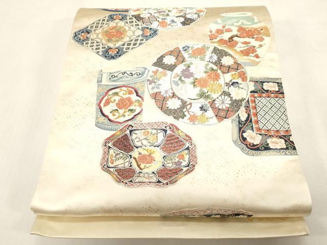 平和屋着物●「美しいキモノ」お馴染みのメーカー となみ織物 六通柄袋帯 色絵磁器菊花図 金糸 証紙付き 正絹 逸品 未使用 CABG2881dy