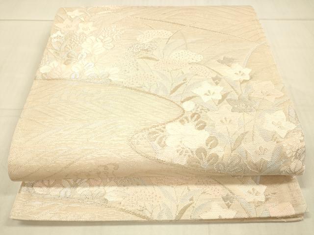 平和屋着物＊夏物　六通柄袋帯　流水草花文　銀糸　正絹　逸品　DAAV3837cm